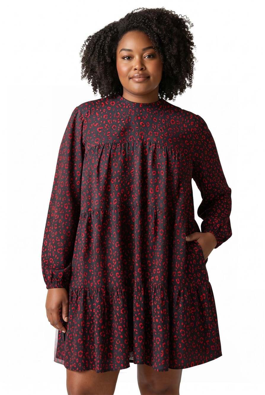 Zara Long Sleeve Tiered Animal Print Mini Dress in Red and Black
